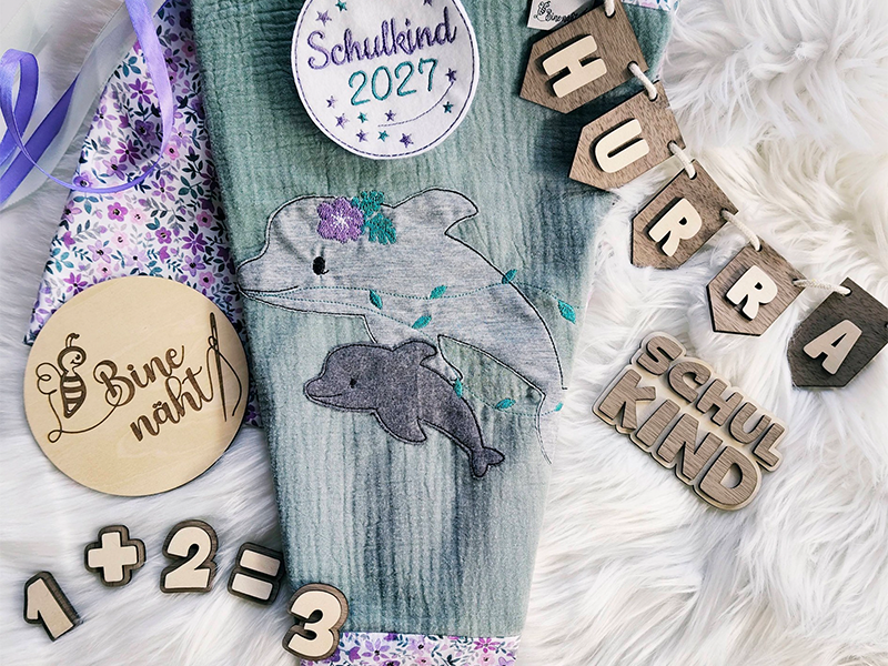 Preview: Delfin mit Blumen - doodle Stickdatei
